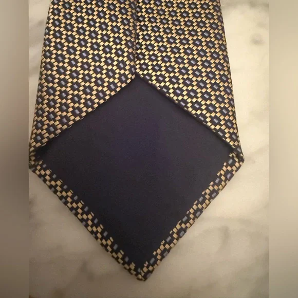 Charvet Silk Navy, Pale Blue and Beige/Gold Geometric Tie Excellent Condition